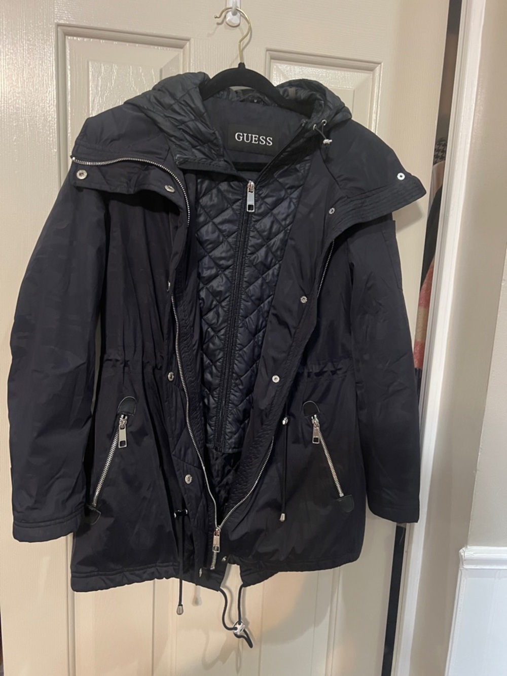 GUESS Women's Black Quilted Hooded Parka with Drawstring Waist